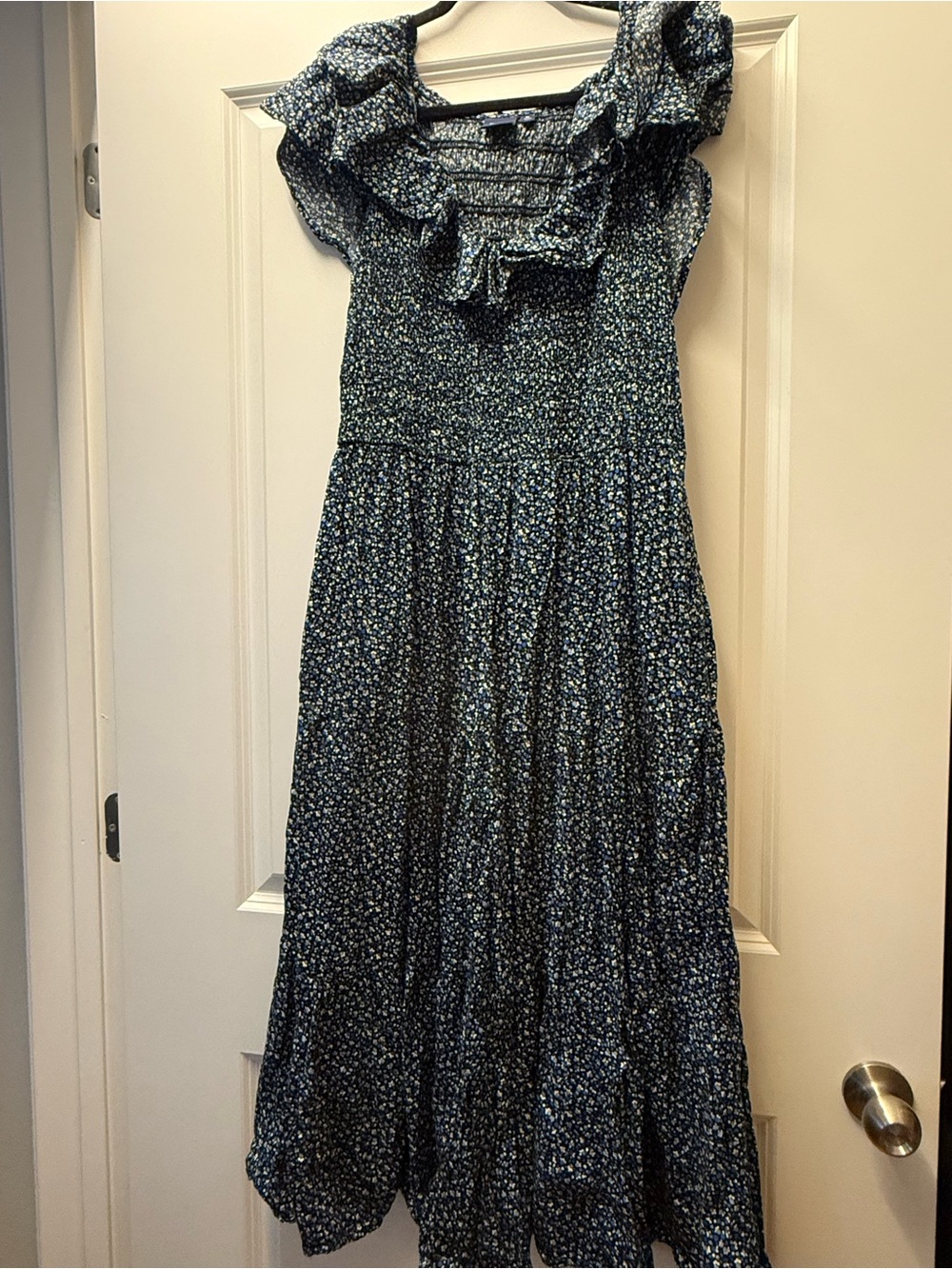 GAP Navy Floral Smocked Maxi Dress with Ruffle Neckline
